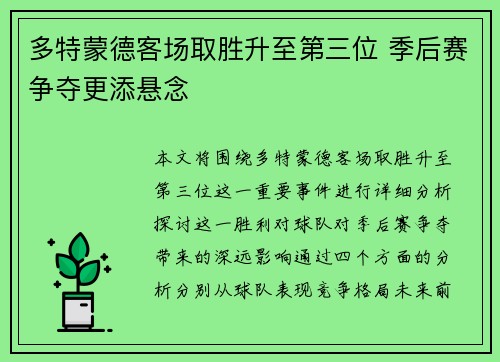 多特蒙德客场取胜升至第三位 季后赛争夺更添悬念
