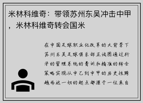米林科维奇：带领苏州东吴冲击中甲，米林科维奇转会国米