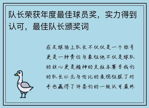 队长荣获年度最佳球员奖，实力得到认可，最佳队长颁奖词